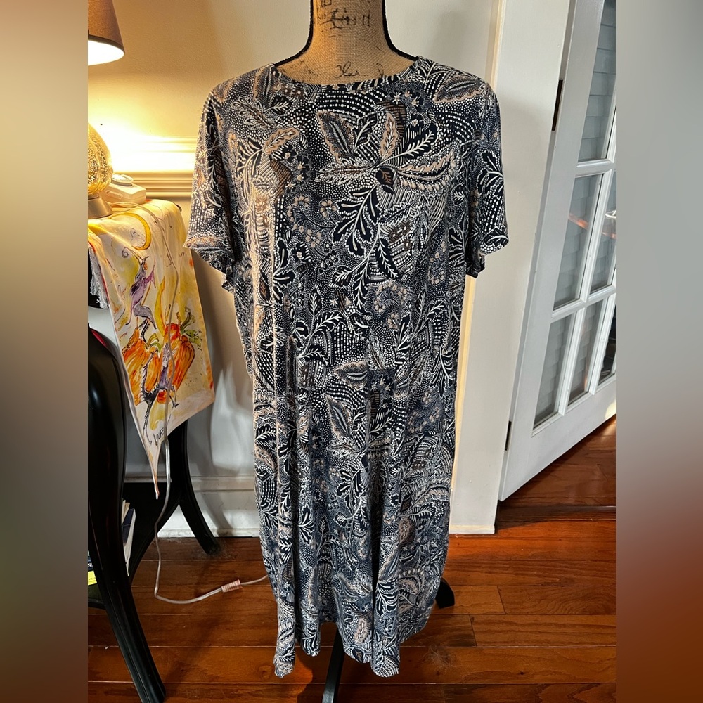 PureJill women's size XL navy brown floral short sleeve knit dress